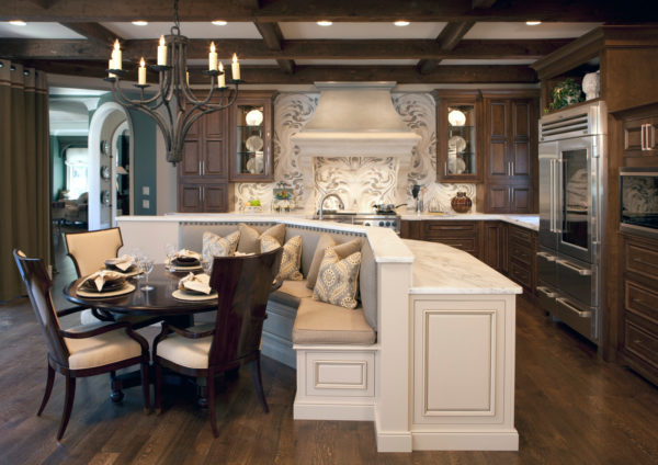 build a timeless eat-in kitchen with dark wood, stainless appliances, and elegant white countertops