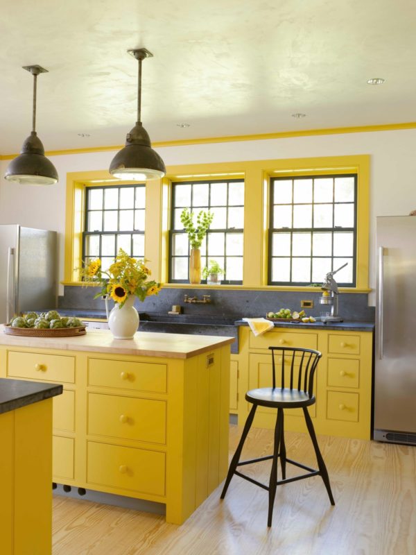 combine space blue and royal yellow for a unique and new farmhouse kitchen