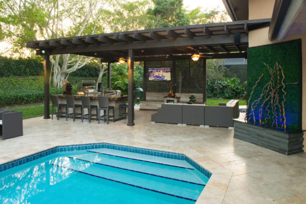 build a metal roof for the pergola over an outdoor bar, entertainment area, and large pool