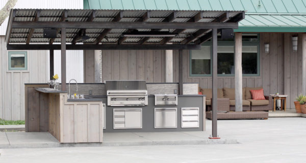 set up a professional outdoor kitchen under the cozy shade of a gorgeous metal pergola