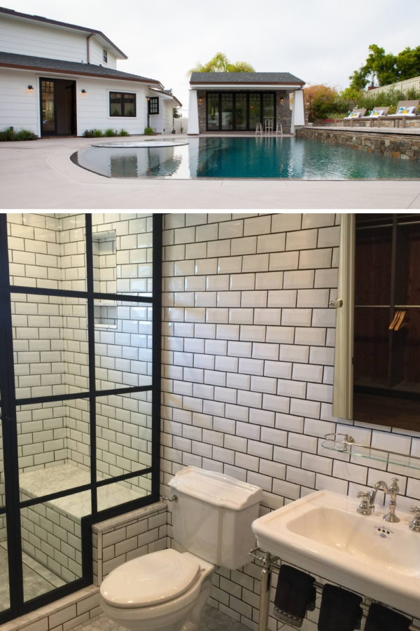 consider a custom pool shape with natural stone and a pool house with modern black and white bathroom