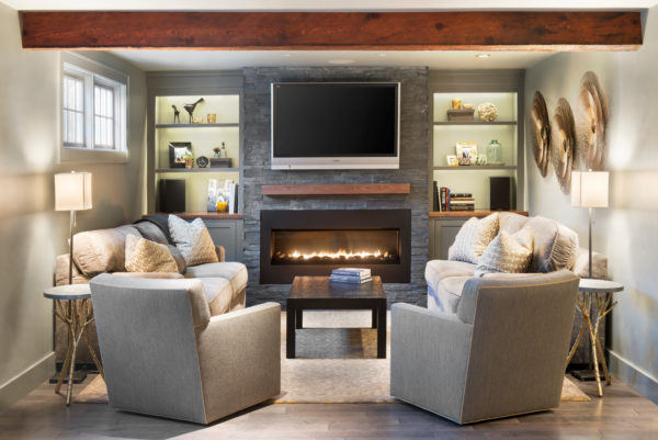 13 Ways To Design A Linear Fireplace, Fireplace With Tv Above And Bookshelves