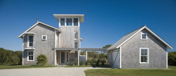 try a beachside exterior with white cedar shingle and a detached garage with simple breezeway