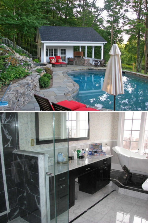 use natural stone and a beach style pool house with eclectic bathroom for a beautiful backyard