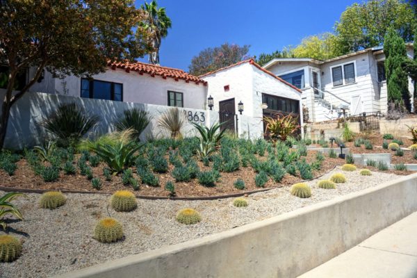 build a drought-tolerant front yard using gravel retaining wall and attractive plantings