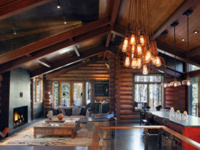try an open concept log cabin living room connected with the family dining area