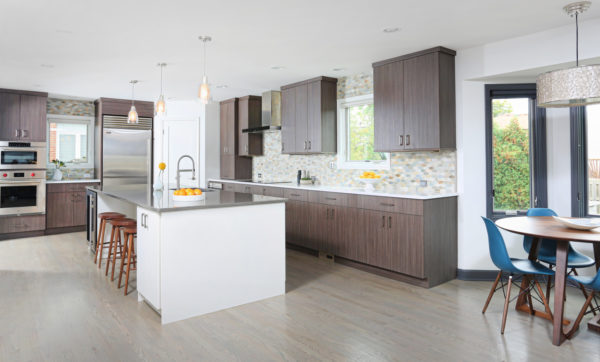 embrace the farmhouse style and urban aesthetics with brown cabinets and white kitchen island