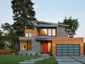 include horizontal windows on the red door for a contemporary and unique house