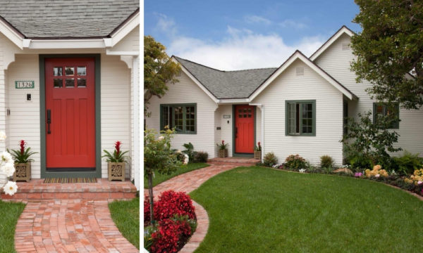 pair cottage red front door and basil green trim in a cozy cottage house exterior