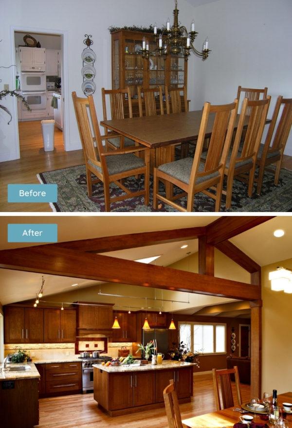 before and after: accentuate rafters after removing the wall between kitchen and dining room for a theatrical design feature