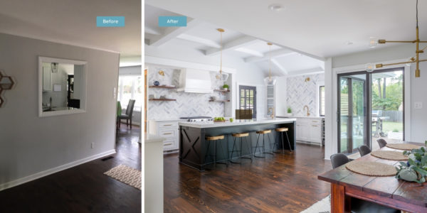 before and after: remove the wall between the kitchen and dining room and raise the ceiling for a more flowing layout