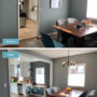 before and after: remove the wall between the kitchen and dining room and upgrade the chandelier