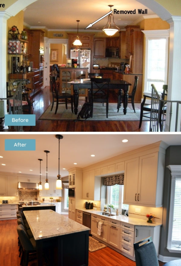 before and after: removing the wall between the kitchen and dining room makes for a casual and cozy space
