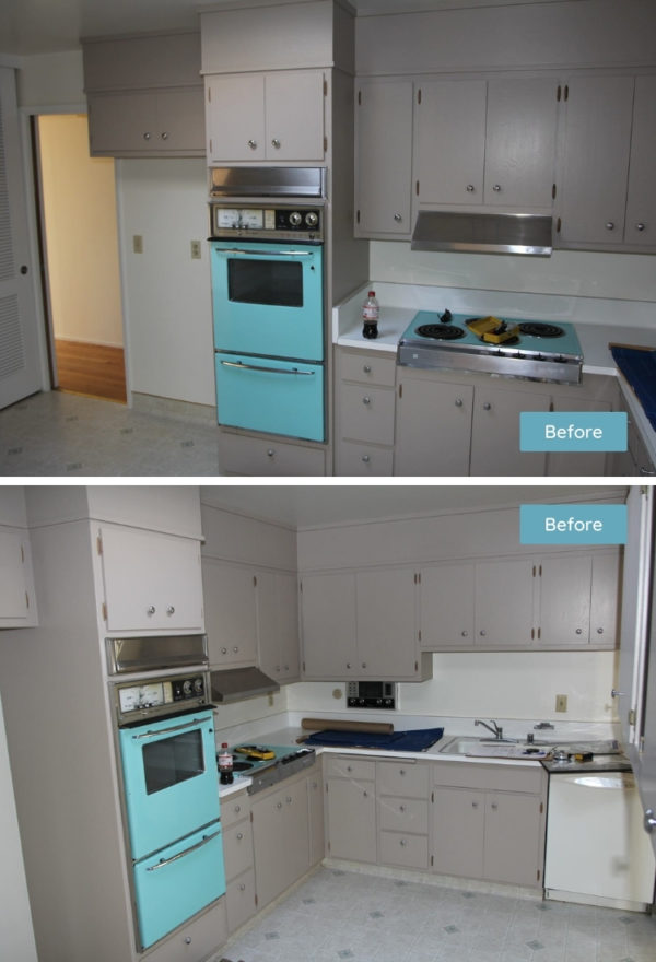 the before state separates the kitchen and dining room and uses monotonous grey cabinets