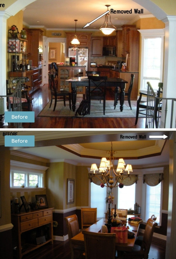 before: the wall obstructing the kitchen from the dining room and clutter evoke a dingy effect