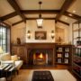 build a cozy living room library in a tudor style house interior featuring exposed wood