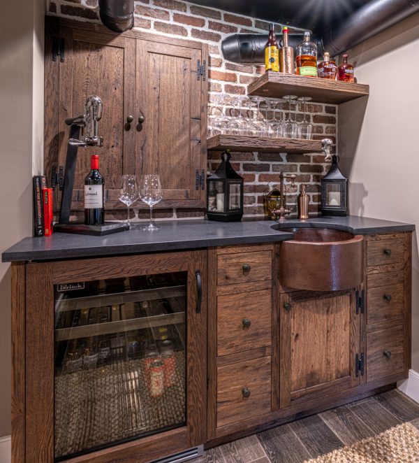 embrace the farmhouse style with this small wet bar its exposed brick wall and classic ideas