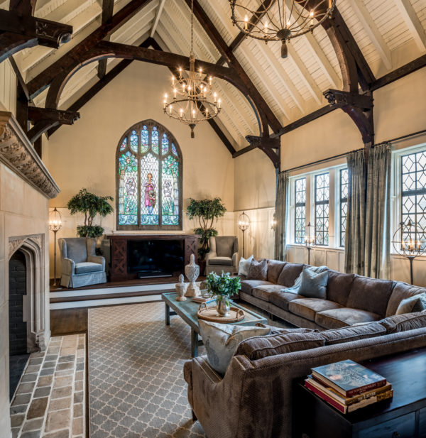 install stained glass windows in a tudor style house interior for a classic-inspired family room