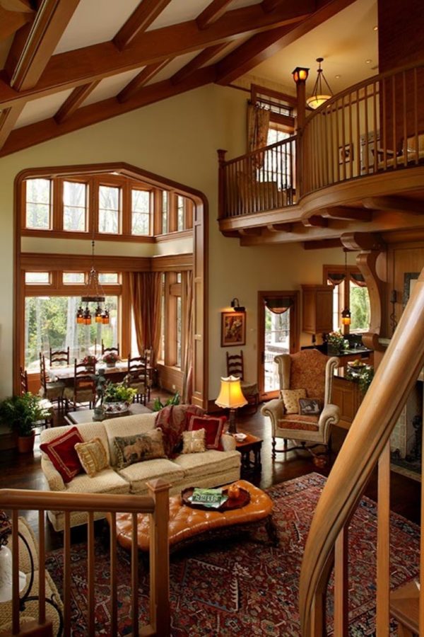 try a tudor style house interior with an open concept family room and warm ambiance