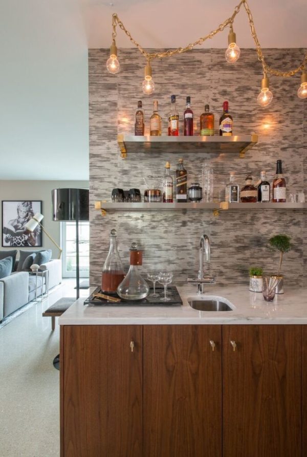 use dramatic light bulbs to dress up a small wet bar and turn it into a jazzy spot in the house