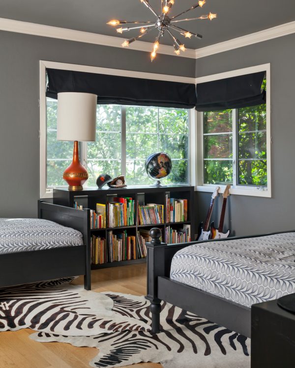 benjamin moore chelsea gray walls and white dove trim with black curtains can create a cute boys bedroom