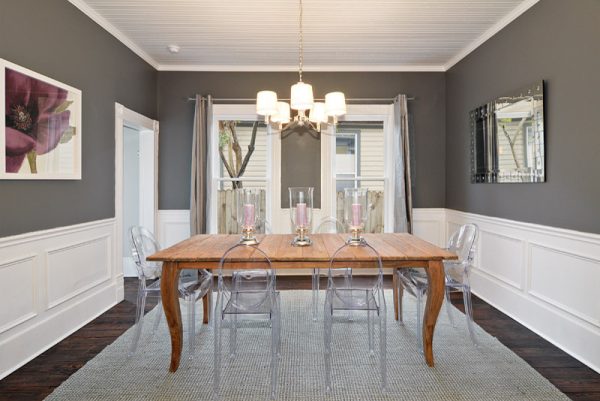 consider these modern, transparent chairs in a traditional dining room with benjamin moore's kendall gray walls and sherwin williams extra white trim