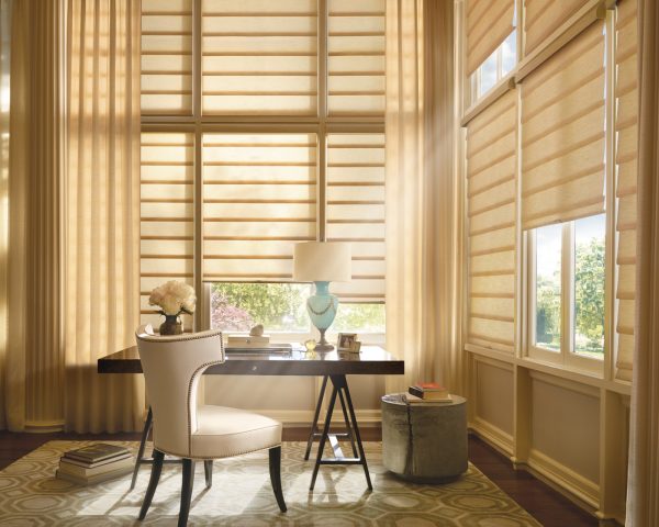 roman shades with curtains can create beautiful shadow effects for a beautiful home office