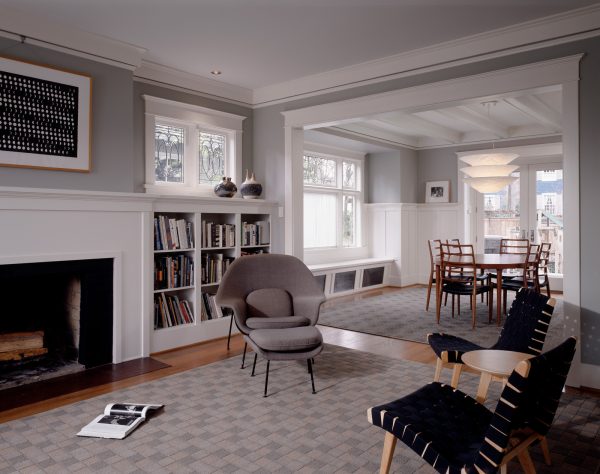 try using built-in shelves in an elegant living room with benjamin moore's gray horse walls and white dove trim