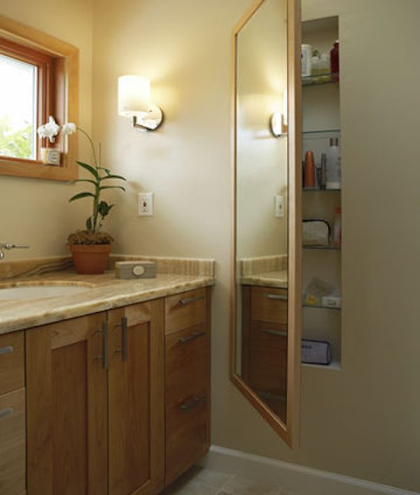 install a mirror on your recessed wall cabinet between studs for a multifunctional feature