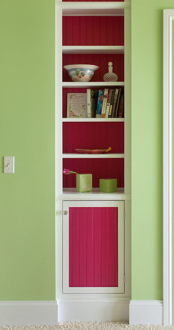 try an open recessed wall cabinet between studs and feature contrasting colors