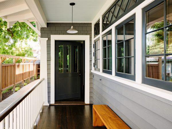 consider benjamin moore’s black tar doors with farrow and ball's "pointing" white trim for a stunning craftsman porch