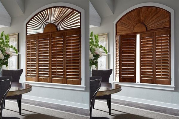 try dark wood shutters for arched windows to contrast light walls in an airy atmosphere