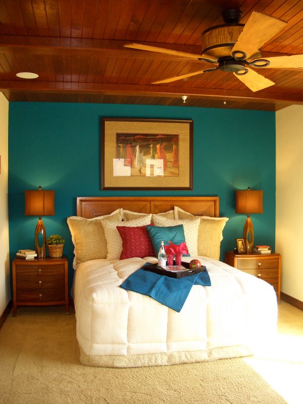 complement sherwin williams really teal accent wall with wood ceiling and dramatic fan