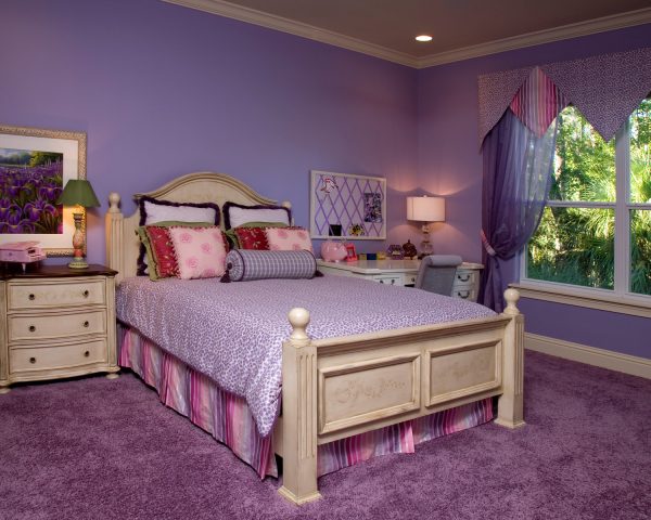 consider a timeless dark purple carpet and light purple wall color combination for a girl’s bedroom