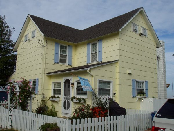 plant vines and flowers to decorate a yellow house with blue shutters for a gorgeous appeal