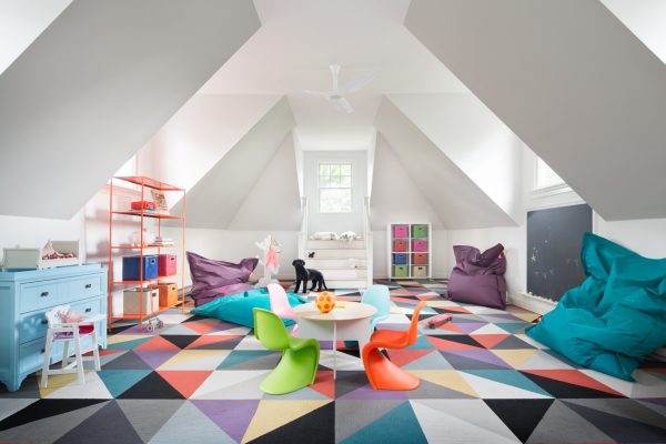 try a contrasting combination of colorful carpet and white wall color for an eclectic kid's room