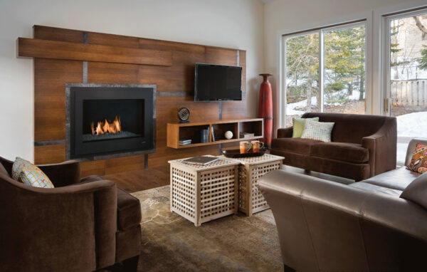 create an easy storage and complement floating white oak shelves unit next to fireplace with contemporary wood paneling
