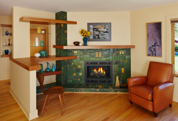 install floating shelves and a minibar next to motawi tile fireplace for a gorgeous craftsman living room with a stylish hang-out spot