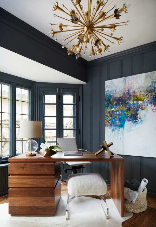 try downpipe by farrow and ball paint and a striking sunburst chandelier for an appealing navy blue office