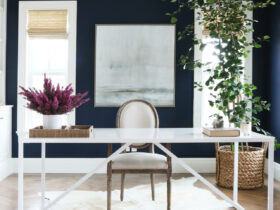 use white window trims to complement benjamin moore’s hale navy blue for a coastal inspired office
