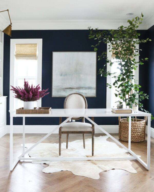 use white window trims to complement benjamin moore’s hale navy blue for a coastal inspired office