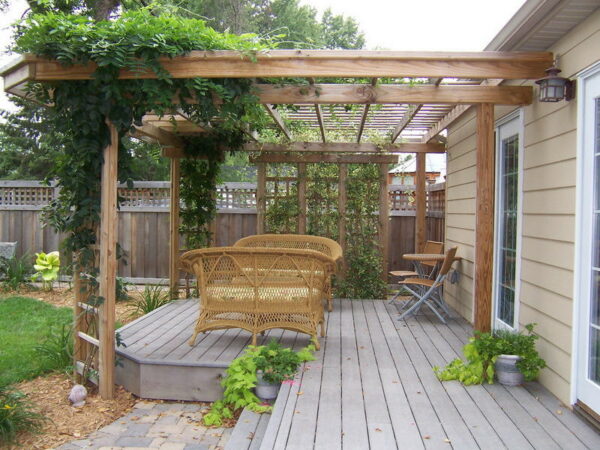 create a romantic mountain vibe in your small backyard with a menards composite deck and a wooden pergola