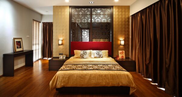 decorate your bedroom in an asian-inspired ambiance with false wall and gold accents