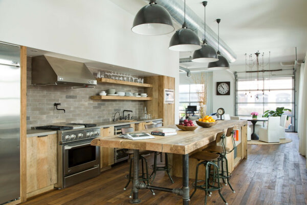 utilize reclaimed wood and different materials for your galley kitchen with an island to evoke industrial charm